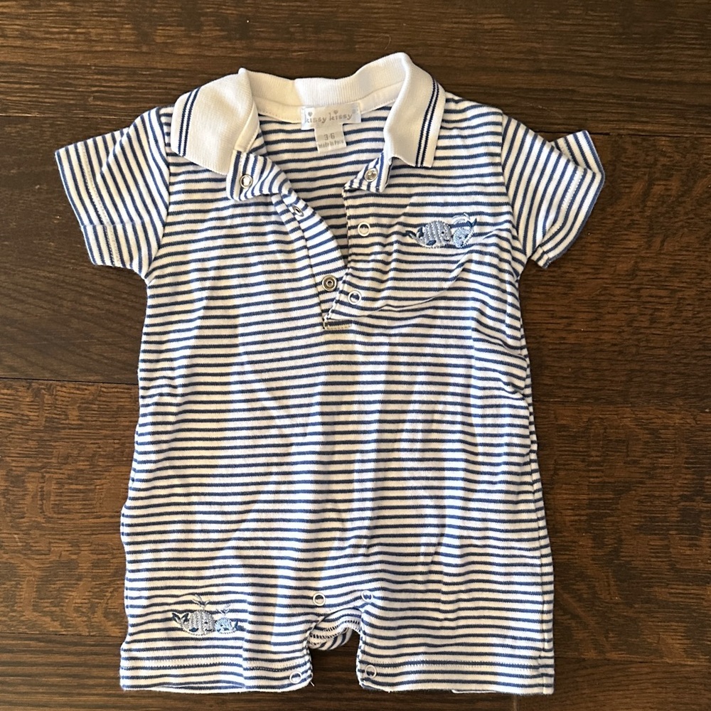 Kissy Kissy Blue and White Striped Romper with Whales